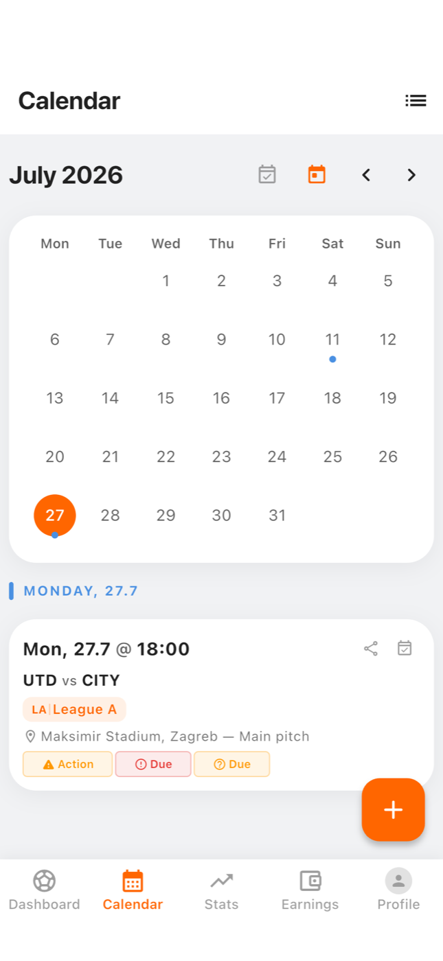 Calendar for July 2026 with match days marked and the selected day's fixture listed below.