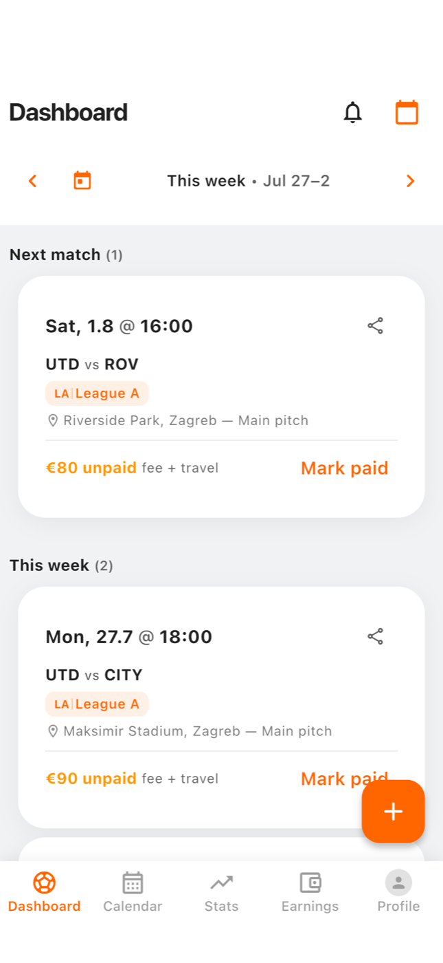 Court Crew dashboard on iPhone: next match UTD vs ROV on Saturday at 16:00 in League A, with fee and travel payment status.