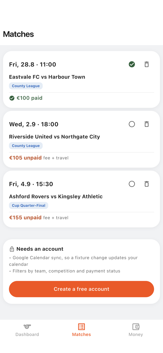 Match list: three fixtures with competition badges, one marked paid and two still unpaid.